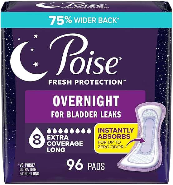 Poise Overnight Incontinence & Postpartum Pads for Bladder Leaks, 8 Drop Extra Coverage, 96 Count, Packaging May Vary - Image 1