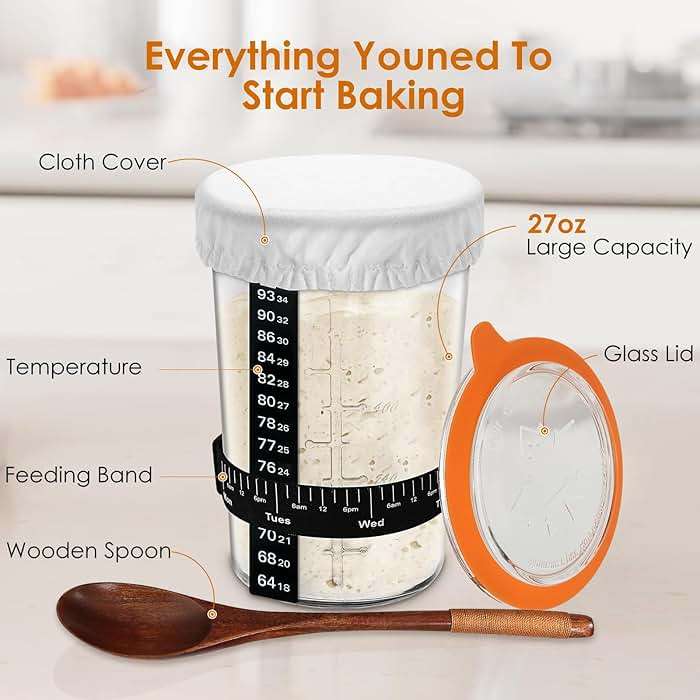 TOKPELA Sourdough Starter Jar Glass, Wide Mouth Sourdough Starter Jars, Sourdough Starter Kit with Wooden Spoon, Cloth Cover, Glass Lids, Sourdough Starter Jar 27oz for Sourdough Bread Baking Supplies - Image 4