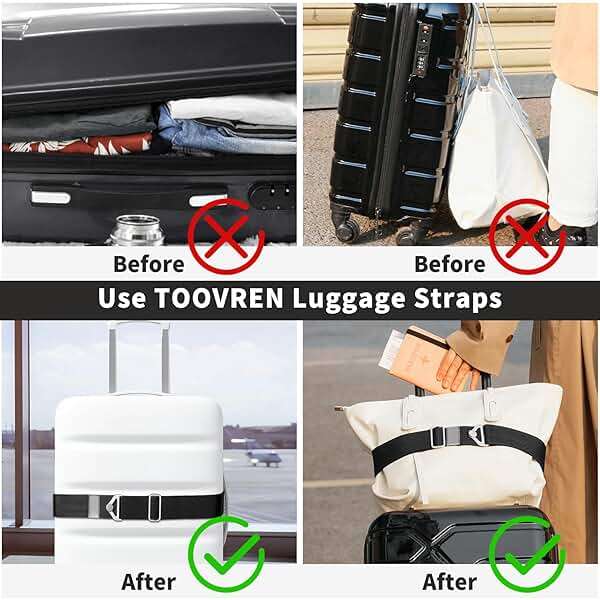 TOOVREN 2-in-1 Travel Belt for Luggage Straps Add a Bag Bungees Luggage Strap Over Handle Suitcases Belt for Carry On Bag Elastic Belt Adjustable Suitcase Strap Airport Travel Accessories Black - Image 4
