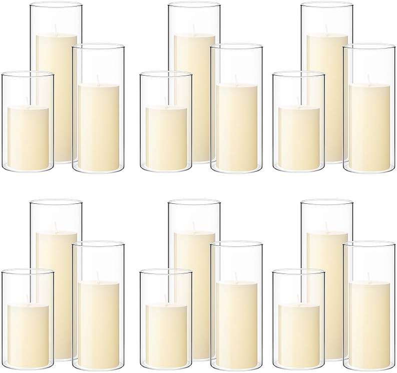 Shihanee 36 Pcs Pillar Candles and Glass Cylinder Vases Tall Cylinder Holders for Pillar Candles Wedding Centerpieces, Total 18 Sets(2.6'' X 4.7'', 5.9'', 7.9'',Clear,Ivory) - Image 1