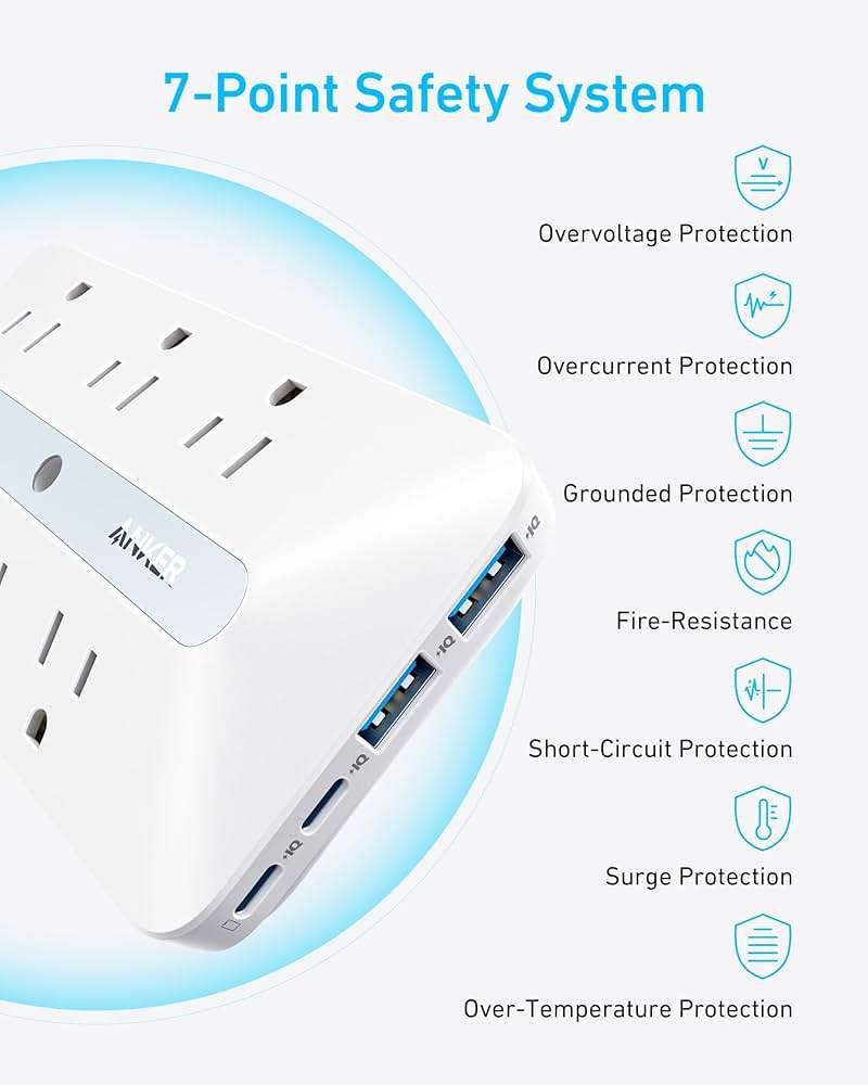 Anker Outlet Extender, Power Strip with 300J Surge Protector, 10-in-1 with 6 AC, 2 USB A, 2 USB C Ports, Wide-Spaces Outlets and 20W Fast Charging, Dorm Room Essentials - Image 6
