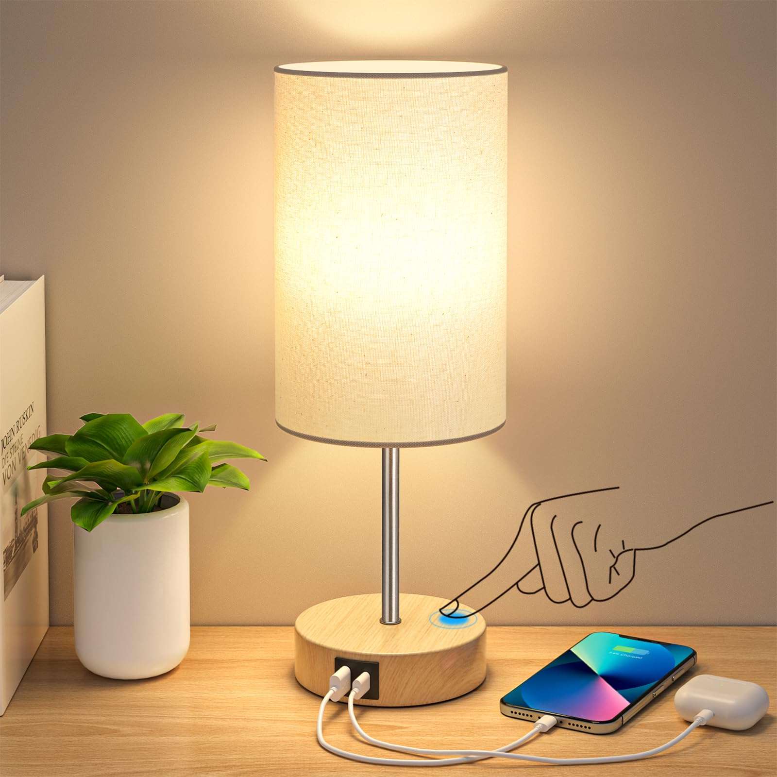 AKASUKI Table Lamp for Bedroom, 3 Way Dimmable Touch Lamp with Dual Charging Station, Small Bedside Lamps for Night Stands, Living Room, Office(LED Bulb Included) - Image 1
