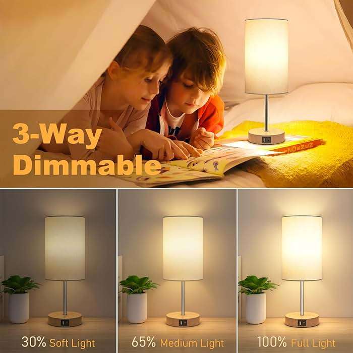 AKASUKI Table Lamp for Bedroom, 3 Way Dimmable Touch Lamp with Dual Charging Station, Small Bedside Lamps for Night Stands, Living Room, Office(LED Bulb Included) - Image 2