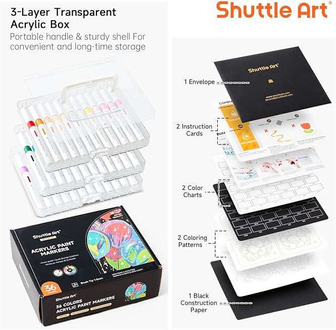 Shuttle Art Automatic Ink Control Acrylic Paint Markers, 36 Colors Brush Tip Acrylic Paint Pens for Rock Painting, Ceramic, Wood, Canvas, Glass, Stone, Fabric, Card, DIY Football Crafts - Image 3