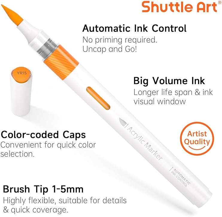 Shuttle Art Automatic Ink Control Acrylic Paint Markers, 36 Colors Brush Tip Acrylic Paint Pens for Rock Painting, Ceramic, Wood, Canvas, Glass, Stone, Fabric, Card, DIY Football Crafts - Image 4