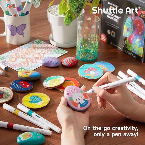 Shuttle Art Automatic Ink Control Acrylic Paint Markers, 36 Colors Brush Tip Acrylic Paint Pens for Rock Painting, Ceramic, Wood, Canvas, Glass, Stone, Fabric, Card, DIY Football Crafts - Image 9