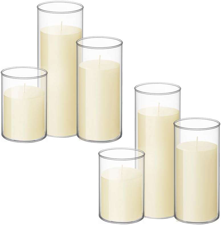 Shihanee Set of 6 Pillar Candles with Glass Cylinder Vases Clear Cylinder Hurricane Candleholders for Slim Tall Pillar Candles Wedding Table Centerpieces(3'' X 5.9", 7.9", 9.8",Ivory) - Image 1