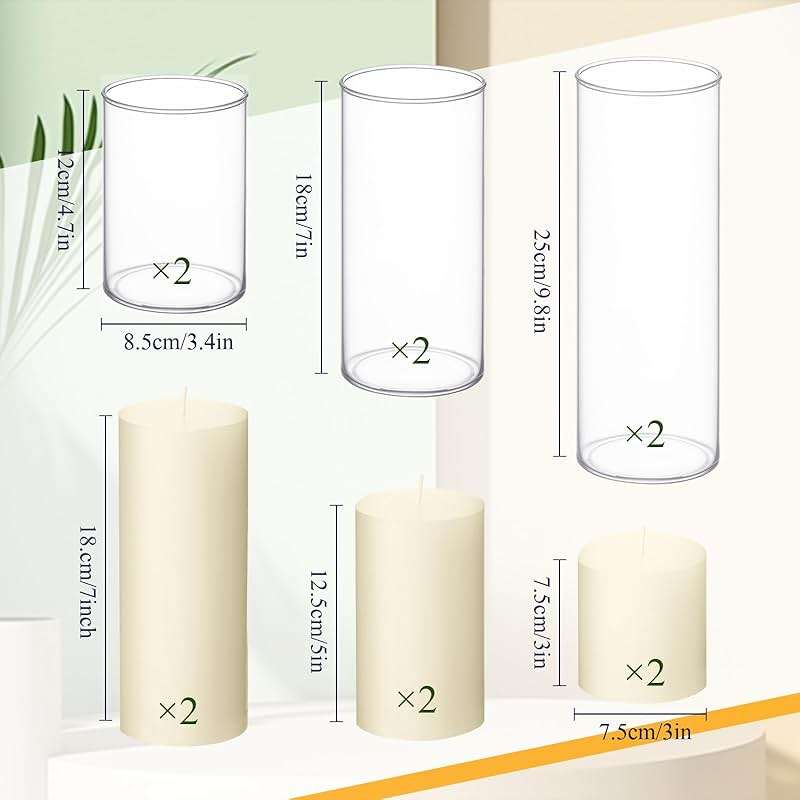 Shihanee Set of 6 Pillar Candles with Glass Cylinder Vases Clear Cylinder Hurricane Candleholders for Slim Tall Pillar Candles Wedding Table Centerpieces(3'' X 5.9", 7.9", 9.8",Ivory) - Image 3