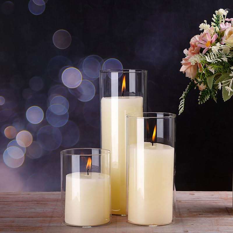 Shihanee Set of 6 Pillar Candles with Glass Cylinder Vases Clear Cylinder Hurricane Candleholders for Slim Tall Pillar Candles Wedding Table Centerpieces(3'' X 5.9", 7.9", 9.8",Ivory) - Image 5