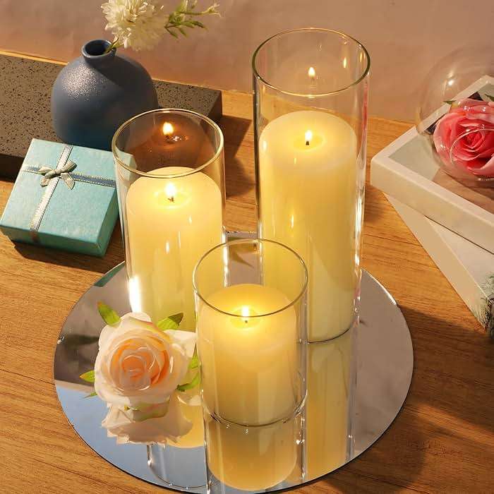 Shihanee Set of 6 Pillar Candles with Glass Cylinder Vases Clear Cylinder Hurricane Candleholders for Slim Tall Pillar Candles Wedding Table Centerpieces(3'' X 5.9", 7.9", 9.8",Ivory) - Image 6