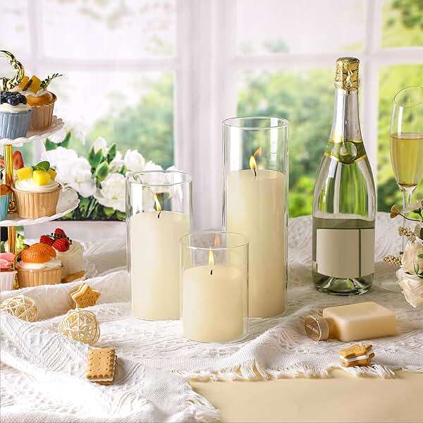 Shihanee Set of 6 Pillar Candles with Glass Cylinder Vases Clear Cylinder Hurricane Candleholders for Slim Tall Pillar Candles Wedding Table Centerpieces(3'' X 5.9", 7.9", 9.8",Ivory) - Image 7