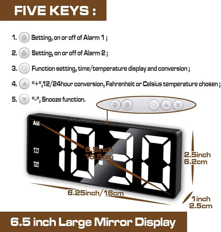 Königswerk Small Digital Alarm Clock, Mirror Surface LED Electronic Clocks with Large Display, Adjustable Brightness and Snooze Model for Bedroom, Desk, Office, Blackcase White Digit - Image 2