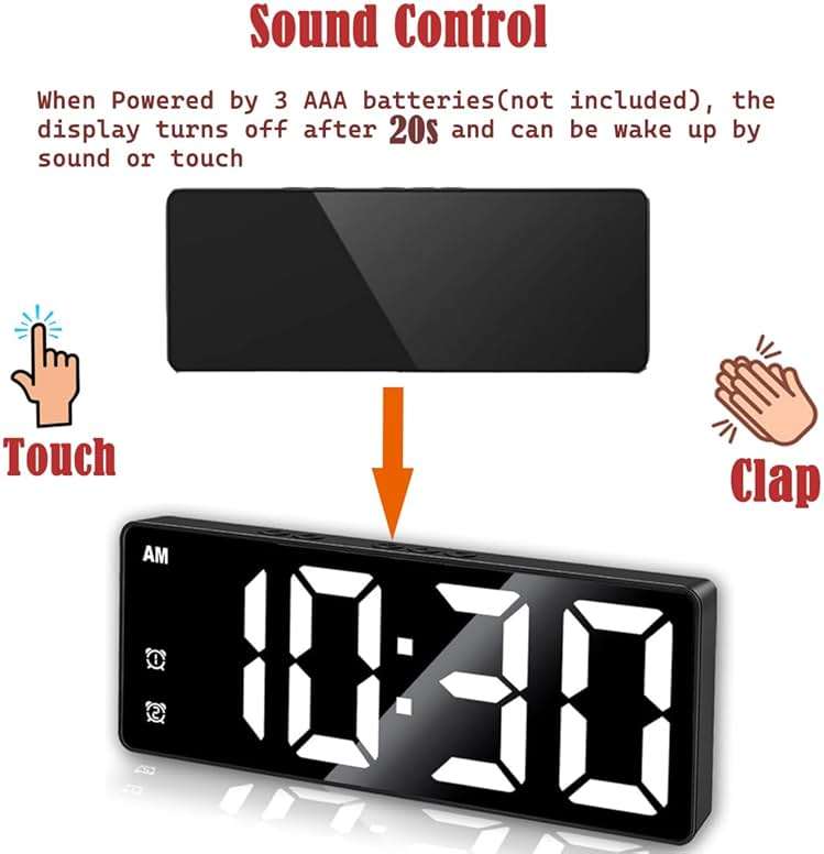 Königswerk Small Digital Alarm Clock, Mirror Surface LED Electronic Clocks with Large Display, Adjustable Brightness and Snooze Model for Bedroom, Desk, Office, Blackcase White Digit - Image 4