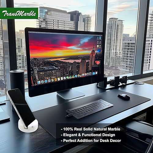 TransMarble Luxury Marble Cell Phone Stand Holder for Popular Smartphones (1 Pcs) - Real Solid Marble Mobile Phone Stands as Office Desk or Kitchen Countertop Decor (Starry White) - Image 3