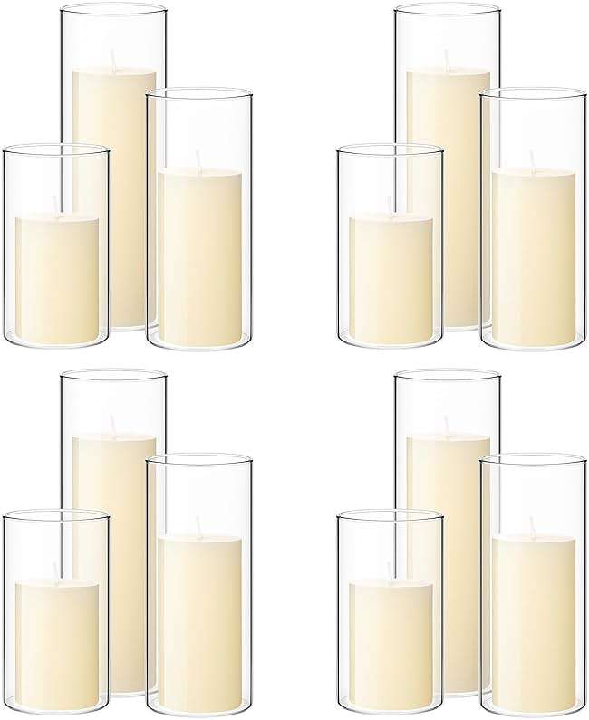 Shihanee Set of 12 Pillar Candles and Glass Cylinder Vases Clear Cylinder CandleHolders for Slim Pillar Candles Wedding Centerpieces(2.6''x 4.7'', 5.9'', 7.9'',Ivory White) - Image 1