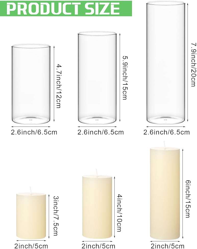 Shihanee Set of 12 Pillar Candles and Glass Cylinder Vases Clear Cylinder CandleHolders for Slim Pillar Candles Wedding Centerpieces(2.6''x 4.7'', 5.9'', 7.9'',Ivory White) - Image 2