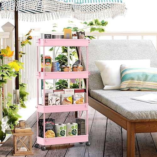 SPACEKEEPER Slim Rolling Storage Cart 4 Tier Bathroom Organizer Utility Cart Mobile Shelving Unit Tower Rack for Kitchen, Laundry Room, Bathroom, Narrow Places, Pink - Image 2