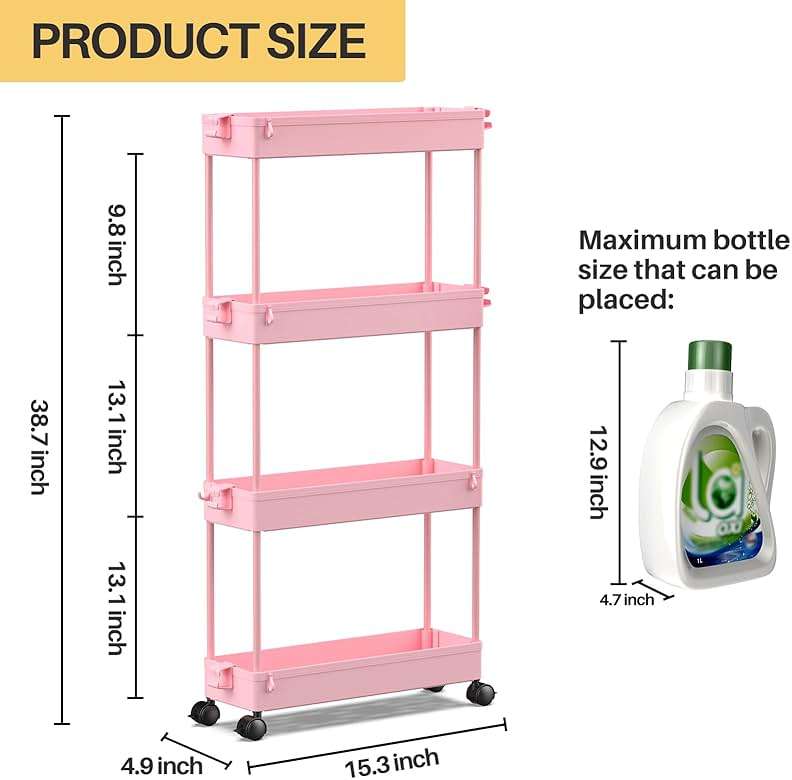 SPACEKEEPER Slim Rolling Storage Cart 4 Tier Bathroom Organizer Utility Cart Mobile Shelving Unit Tower Rack for Kitchen, Laundry Room, Bathroom, Narrow Places, Pink - Image 3