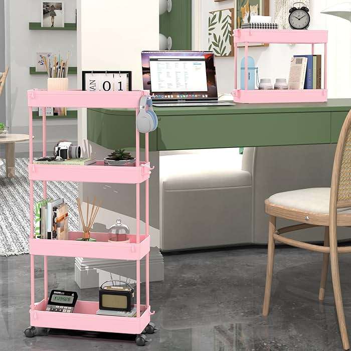 SPACEKEEPER Slim Rolling Storage Cart 4 Tier Bathroom Organizer Utility Cart Mobile Shelving Unit Tower Rack for Kitchen, Laundry Room, Bathroom, Narrow Places, Pink - Image 4