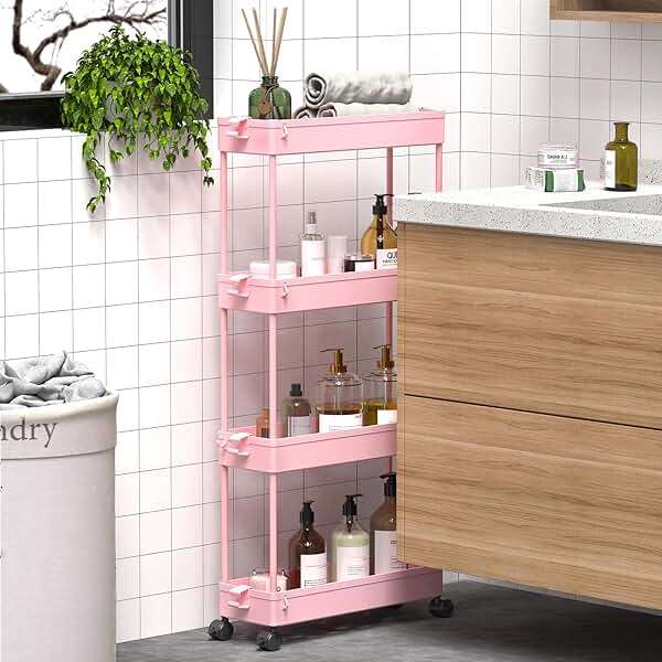 SPACEKEEPER Slim Rolling Storage Cart 4 Tier Bathroom Organizer Utility Cart Mobile Shelving Unit Tower Rack for Kitchen, Laundry Room, Bathroom, Narrow Places, Pink - Image 6