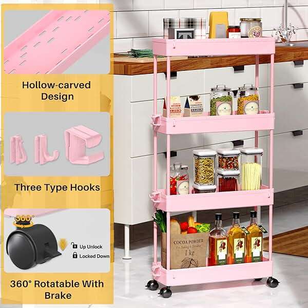 SPACEKEEPER Slim Rolling Storage Cart 4 Tier Bathroom Organizer Utility Cart Mobile Shelving Unit Tower Rack for Kitchen, Laundry Room, Bathroom, Narrow Places, Pink - Image 7