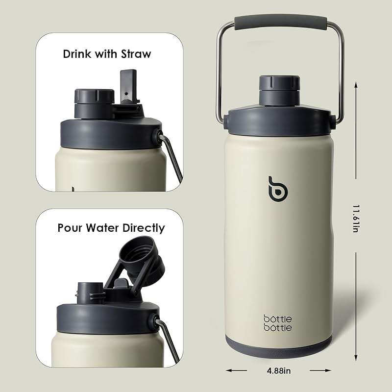 BOTTLE BOTTLE Insulated Water Bottle 64 oz with Straw and Dual-use Lid Half Gallon Water Jug Vacuum Stainless Steel for Workout Sports Insulated Beer Growler with Handle and Pills Holder Gray - Image 3