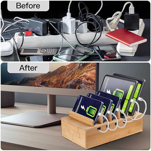 MINCORD Bamboo Charging Station for Multiple Devices, Cell Phone Docking Charging Station Organizer, Nightstand Bedside Desk Device Charger Organizer for Laptop, Tablets and iPads - Image 2