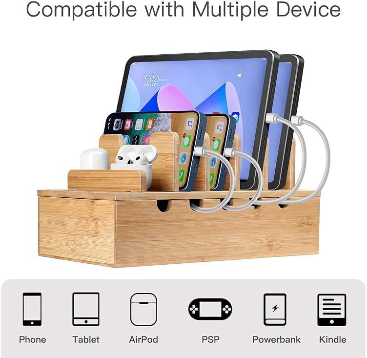 MINCORD Bamboo Charging Station for Multiple Devices, Cell Phone Docking Charging Station Organizer, Nightstand Bedside Desk Device Charger Organizer for Laptop, Tablets and iPads - Image 3