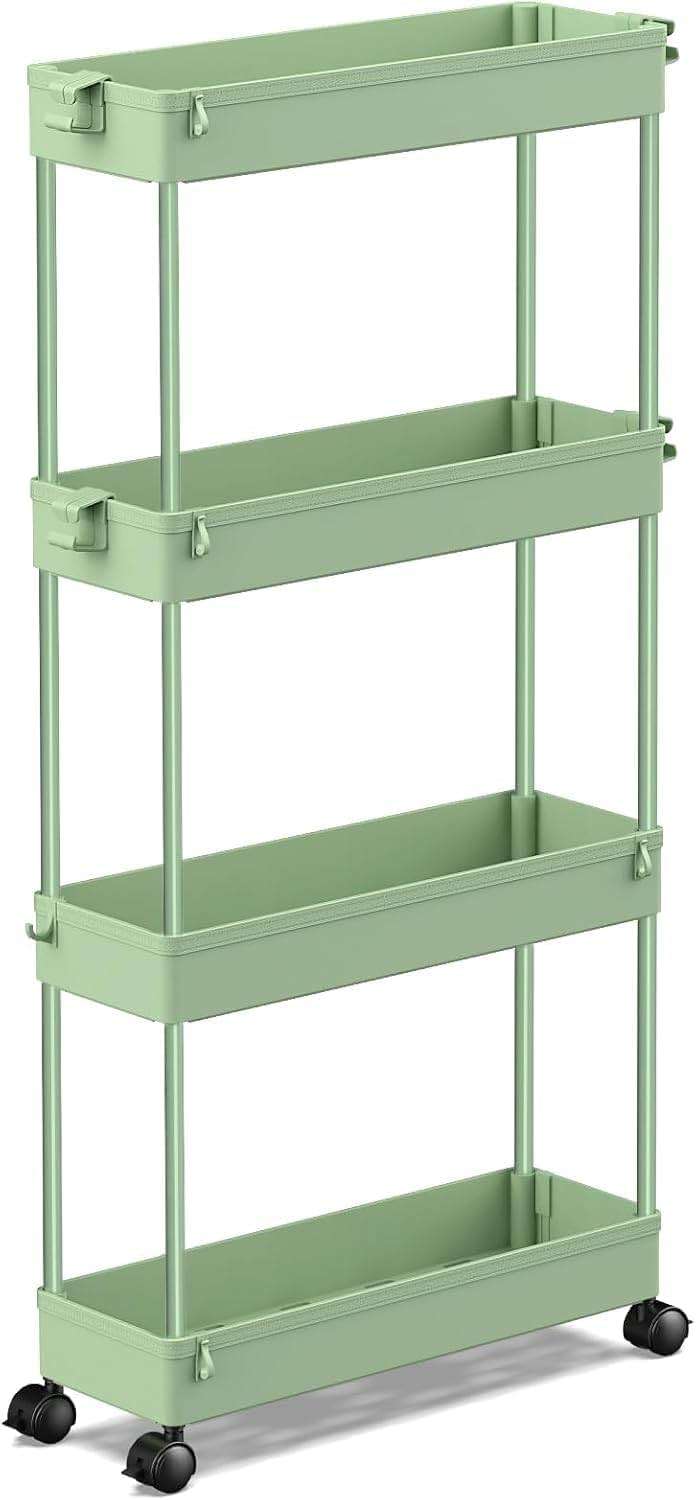 SPACEKEEPER Slim Rolling Storage Cart 4 Tier Bathroom Organizer Utility Cart Mobile Shelving Unit Tower Rack for Kitchen, Laundry Room, Bathroom, Narrow Places, Green - Image 1