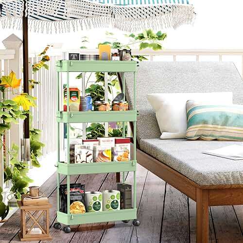SPACEKEEPER Slim Rolling Storage Cart 4 Tier Bathroom Organizer Utility Cart Mobile Shelving Unit Tower Rack for Kitchen, Laundry Room, Bathroom, Narrow Places, Green - Image 2