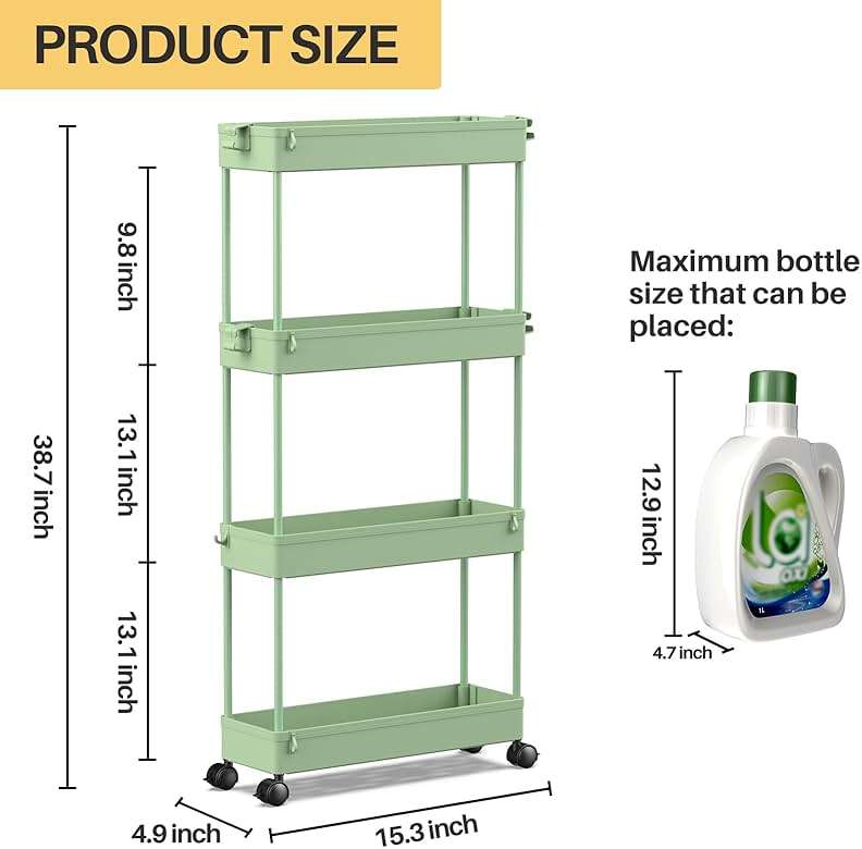 SPACEKEEPER Slim Rolling Storage Cart 4 Tier Bathroom Organizer Utility Cart Mobile Shelving Unit Tower Rack for Kitchen, Laundry Room, Bathroom, Narrow Places, Green - Image 3