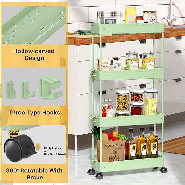 SPACEKEEPER Slim Rolling Storage Cart 4 Tier Bathroom Organizer Utility Cart Mobile Shelving Unit Tower Rack for Kitchen, Laundry Room, Bathroom, Narrow Places, Green - Image 7