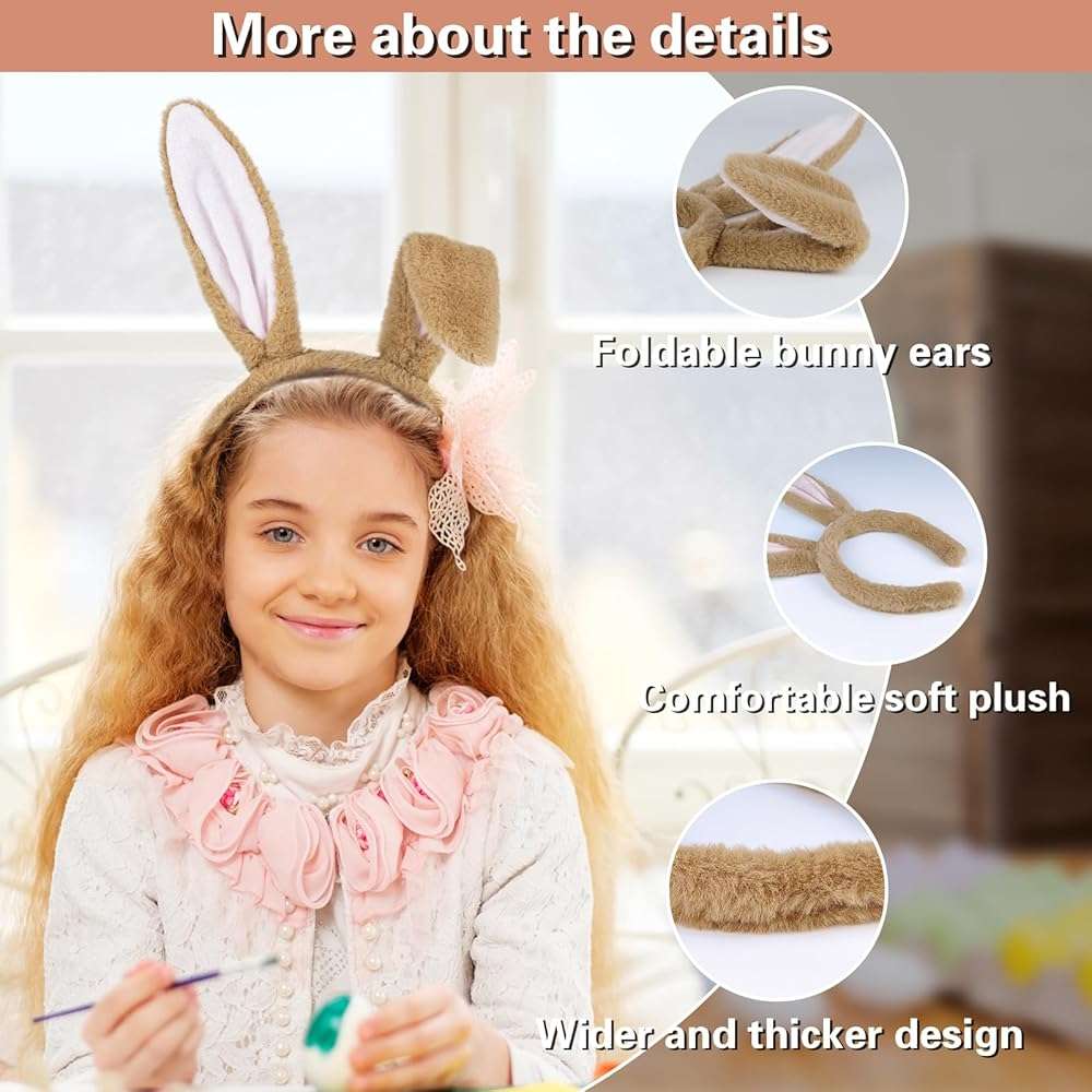 Beviliu Bunny Ears Headband Easter, Rabbit Ear Animal Hairband for Adult, Fluffy Headwear Brown for Halloween Christmas Costume Theme Cosplay Party Birthday - Image 2