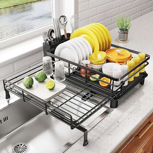 SNTD Dish Drying Rack - Extendable Dish Rack, Large Sink Drying Dish Drainer for Kitchen Counter, Stainless Steel Dish Strainer with Utensil Holder (Black) - Image 1