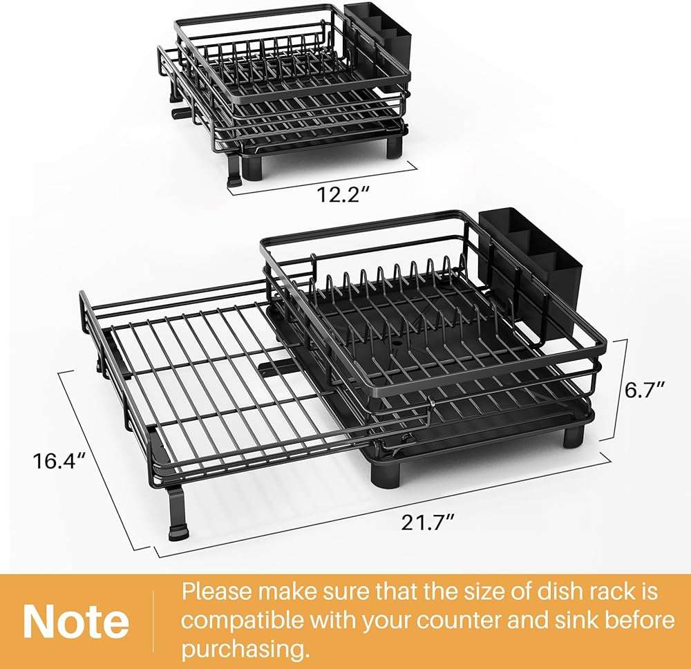 SNTD Dish Drying Rack - Extendable Dish Rack, Large Sink Drying Dish Drainer for Kitchen Counter, Stainless Steel Dish Strainer with Utensil Holder (Black) - Image 2