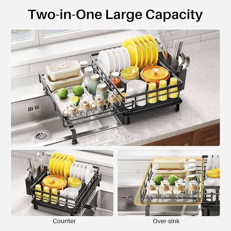 SNTD Dish Drying Rack - Extendable Dish Rack, Large Sink Drying Dish Drainer for Kitchen Counter, Stainless Steel Dish Strainer with Utensil Holder (Black) - Image 3