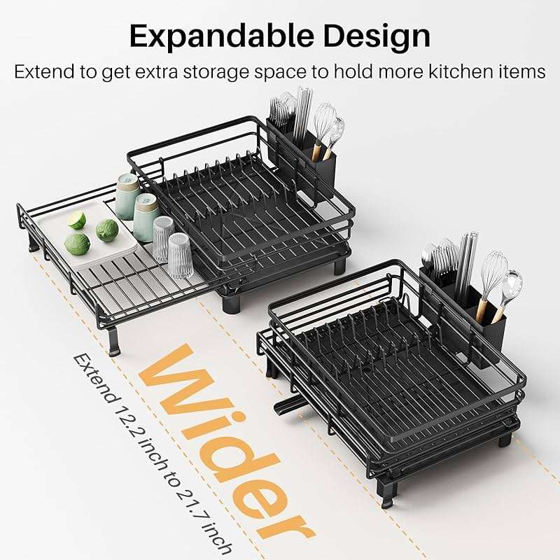 SNTD Dish Drying Rack - Extendable Dish Rack, Large Sink Drying Dish Drainer for Kitchen Counter, Stainless Steel Dish Strainer with Utensil Holder (Black) - Image 5