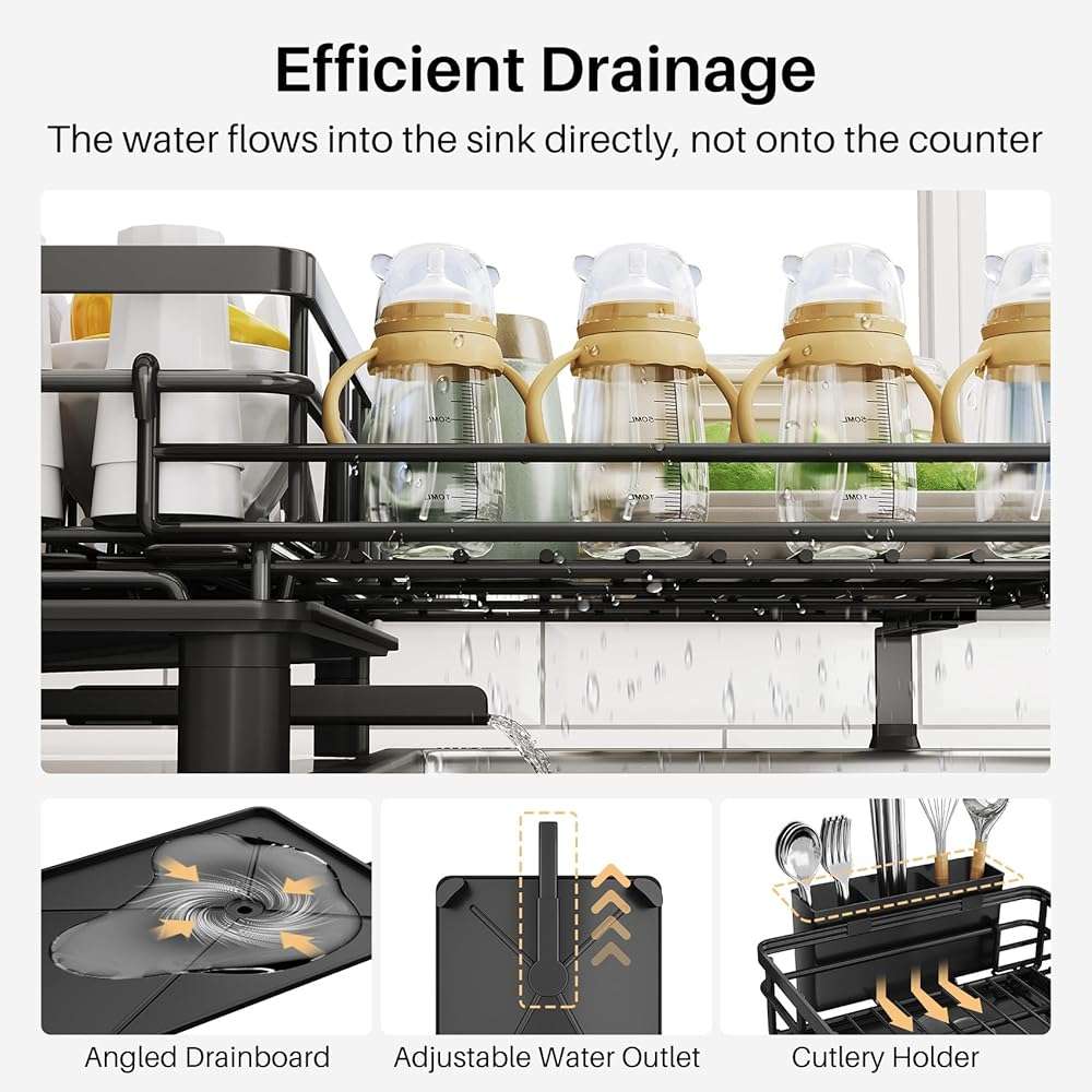 SNTD Dish Drying Rack - Extendable Dish Rack, Large Sink Drying Dish Drainer for Kitchen Counter, Stainless Steel Dish Strainer with Utensil Holder (Black) - Image 6