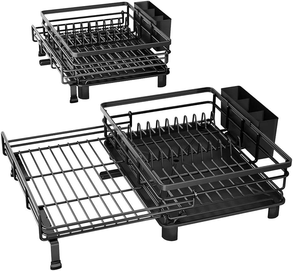 SNTD Dish Drying Rack - Extendable Dish Rack, Large Sink Drying Dish Drainer for Kitchen Counter, Stainless Steel Dish Strainer with Utensil Holder (Black) - Image 9