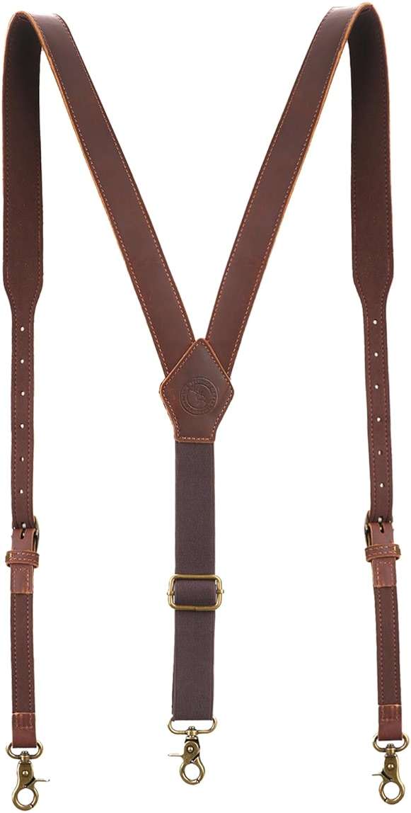 Tourbon Genuine Leather Suspenders for Men Heavy Duty Y Back Design Adjustable Straps with 3 Metal Snap Hooks, Brown - Image 1