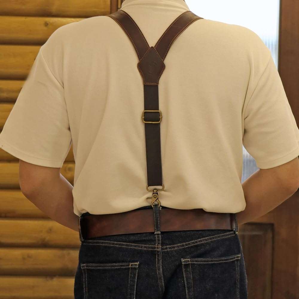 Tourbon Genuine Leather Suspenders for Men Heavy Duty Y Back Design Adjustable Straps with 3 Metal Snap Hooks, Brown - Image 2
