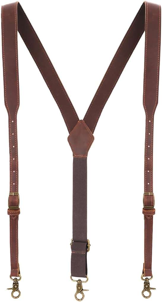 Tourbon Genuine Leather Suspenders for Men Heavy Duty Y Back Design Adjustable Straps with 3 Metal Snap Hooks, Brown - Image 3