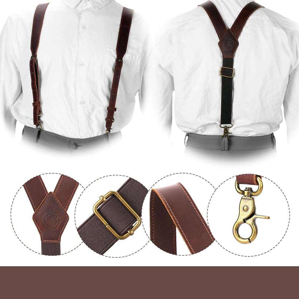 Tourbon Genuine Leather Suspenders for Men Heavy Duty Y Back Design Adjustable Straps with 3 Metal Snap Hooks, Brown - Image 4