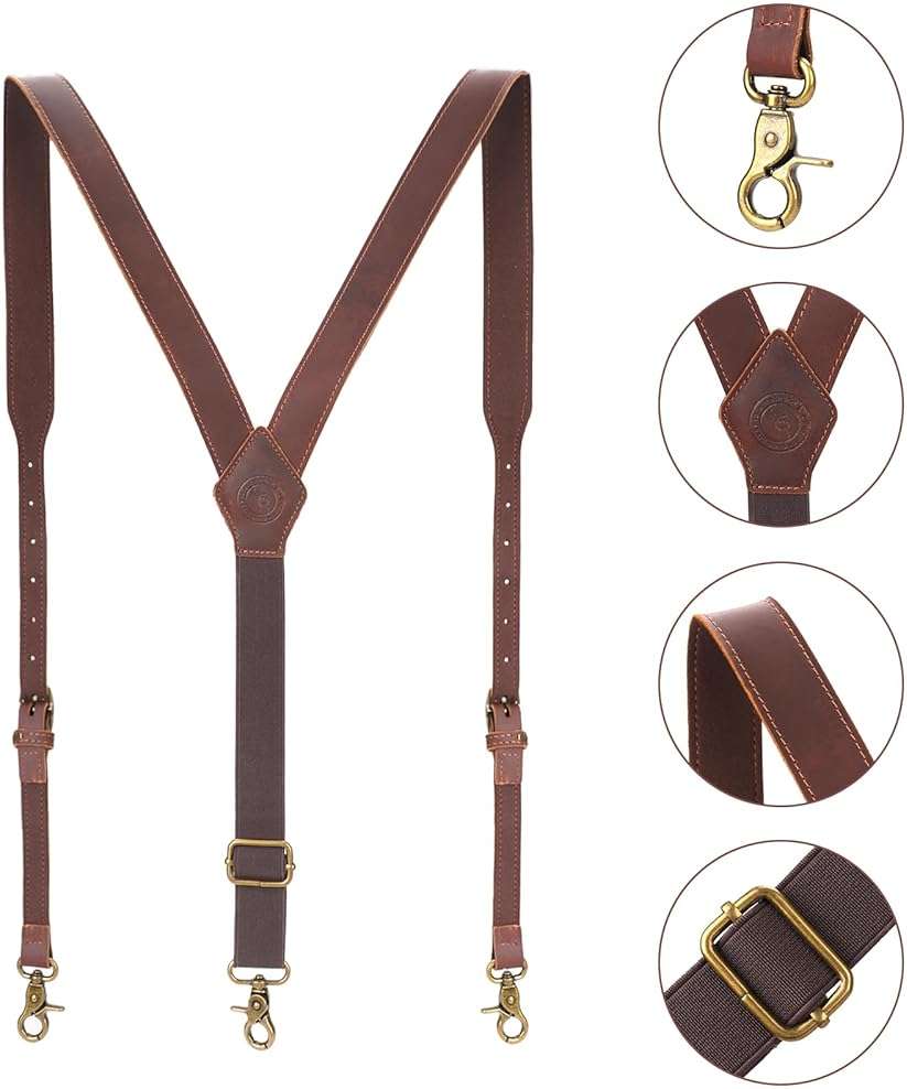 Tourbon Genuine Leather Suspenders for Men Heavy Duty Y Back Design Adjustable Straps with 3 Metal Snap Hooks, Brown - Image 6