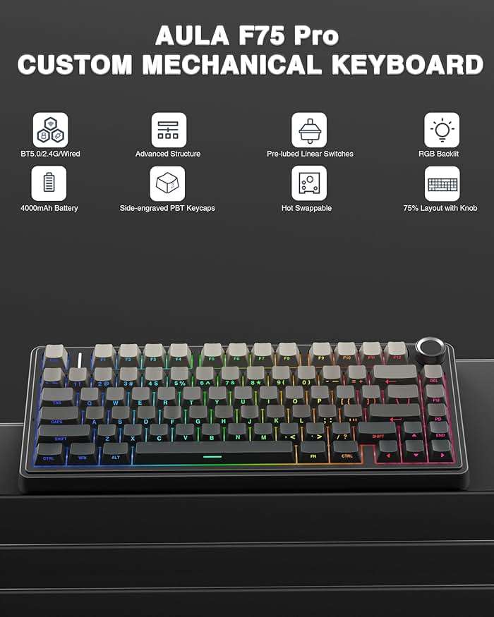 AULA F75 Pro Wireless Mechanical Keyboard,75% Hot Swappable Custom Keyboard with Knob,RGB Backlit,Pre-lubed Reaper Switches,Side Printed PBT Keycaps,2.4GHz/USB-C/BT5.0 Mechanical Gaming Keyboards - Image 2