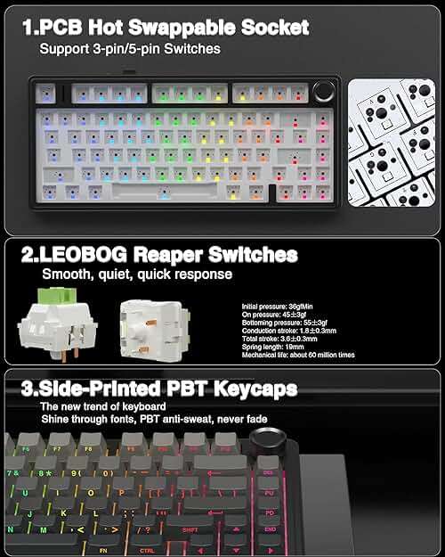 AULA F75 Pro Wireless Mechanical Keyboard,75% Hot Swappable Custom Keyboard with Knob,RGB Backlit,Pre-lubed Reaper Switches,Side Printed PBT Keycaps,2.4GHz/USB-C/BT5.0 Mechanical Gaming Keyboards - Image 5