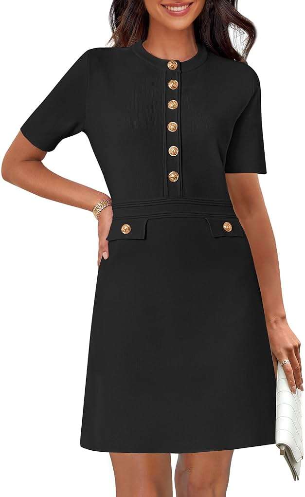 MEROKEETY Women's Summer Bodycon Sweater Dress Business Casual Outfis Short Sleeve Knit Button Formal Elegant Work Dress - Image 1