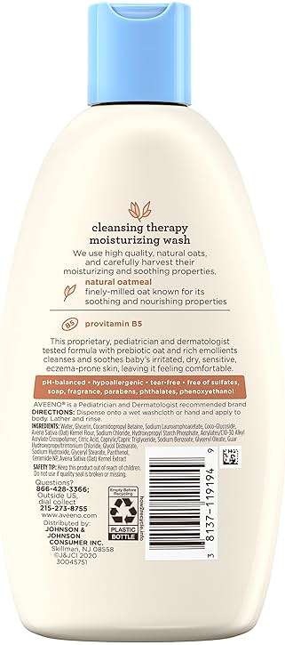 Aveeno Baby Cleansing Therapy Moisturizing Baby Body Wash with Natural Oatmeal & ProVitamin B5, Gentle Tear-Free Baby-Bath Wash for Sensitive & Eczema-Prone Skin, Hypoallergenic, 8 oz (Pack of 2) - Image 8