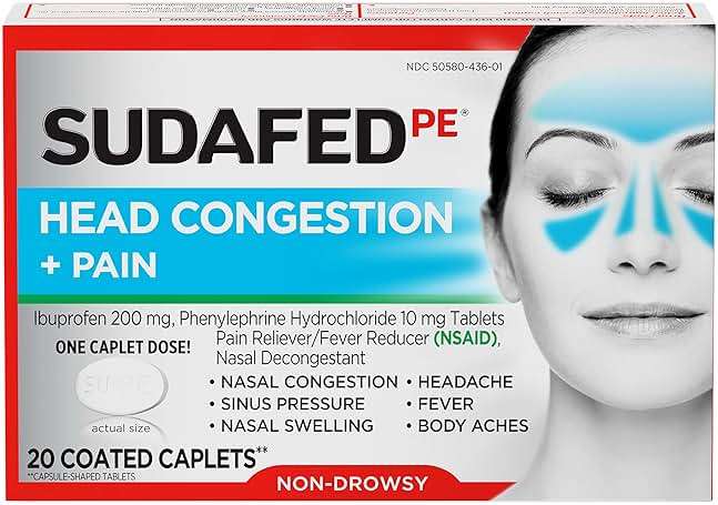 Sudafed PE Non-Drowsy Head Congestion + Pain Relief Caplets with Ibuprofen 200 mg & Phenylephrine HCl 10 mg, Nasal Decongestant & NSAID Pain Reliever & Fever Reducer, 20 ct (Pack of 2) - Image 4