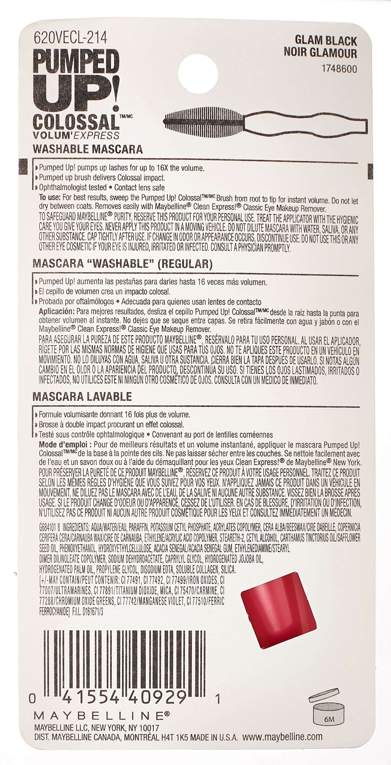Maybelline Volum' Express Pumped Up Colossal Mascara, Washable Formula Infused with Collagen for Up To 16x Lash Volume, Glam Black, 1 Count (Pack of 2) - Image 3